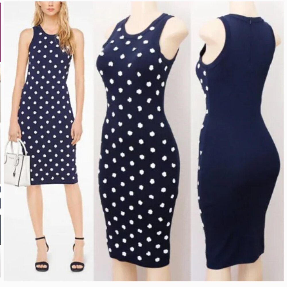 Michael Kors Navy 3D White Sequins Floral Embellished Knit Dress Medium - Picture 2 of 6